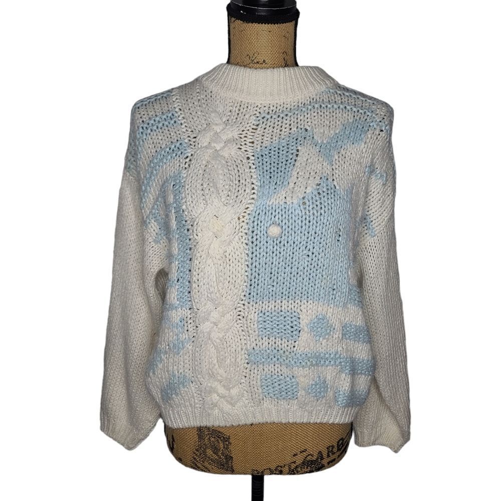 Vintage 80s Pastel Blue Chunky Hand Knit Sweater